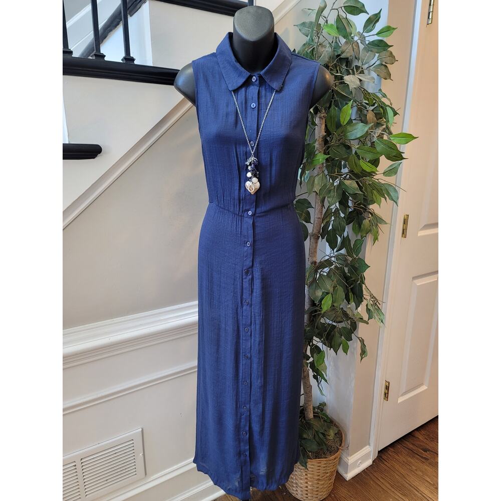 Mile Gabrielle Shirt Dress Womens Medium Navy Crinkled Collared Casual Button-Up